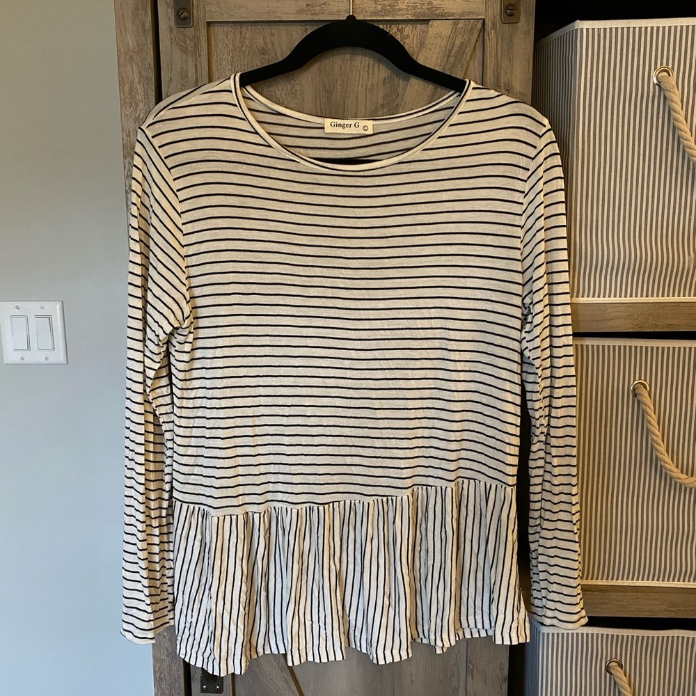 Black and White Striped Long Sleeve Peplum Top